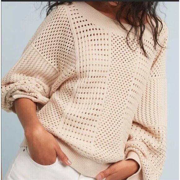 Anthropologie MOTH Sweater Women Small Sand Reese Kimono Sleeve Crochet Pullover - Picture 14 of 16